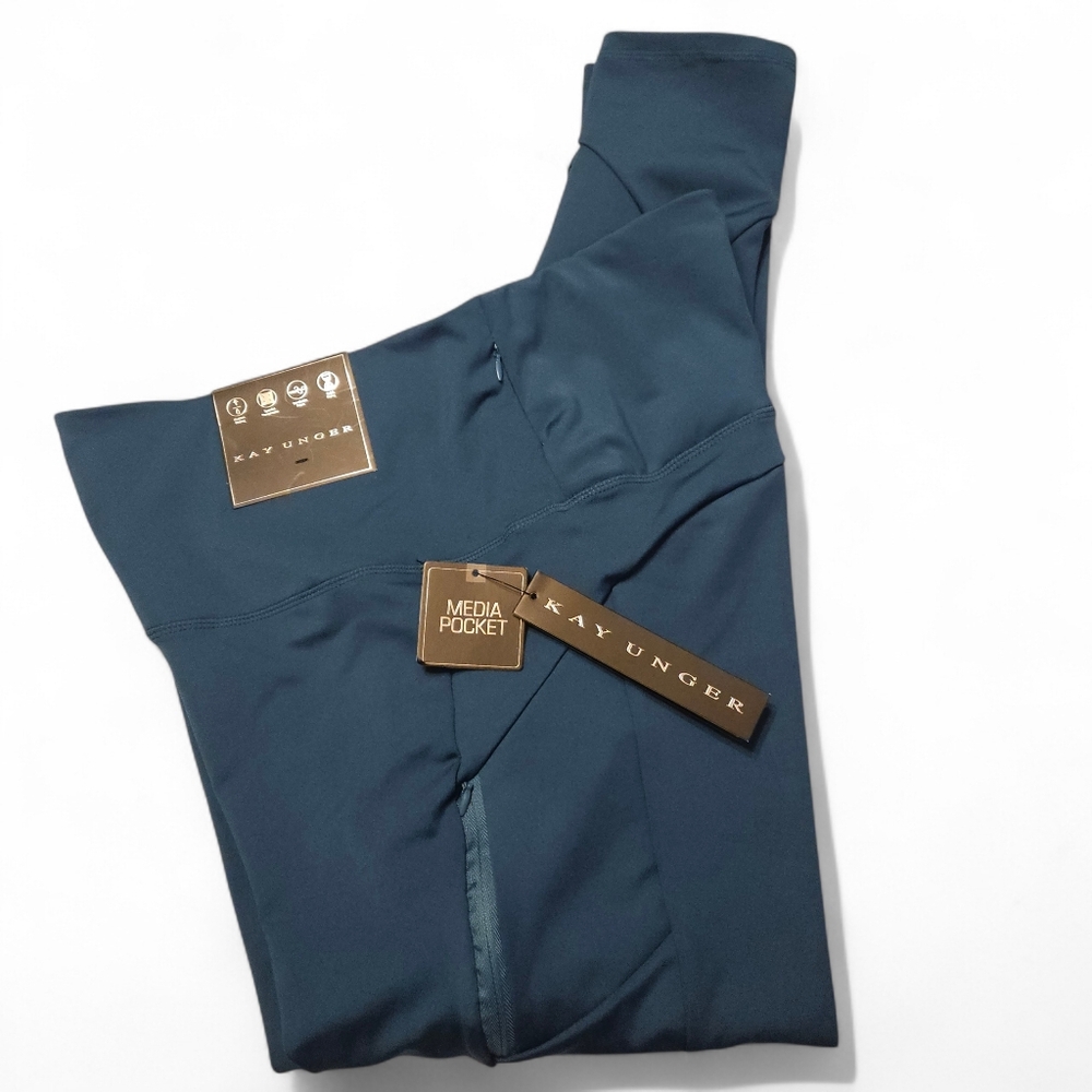 Kay Unger Blue Teal 3/4 Capri Cropped Leggings Pockets XL NEW Zip Pockets